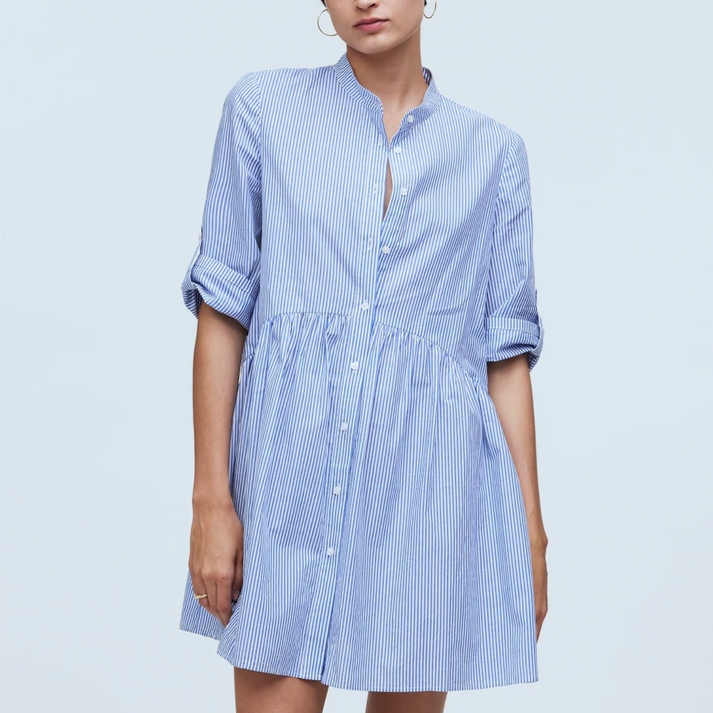 Button-Front Gathered Mini Dress in Stripe Poplin